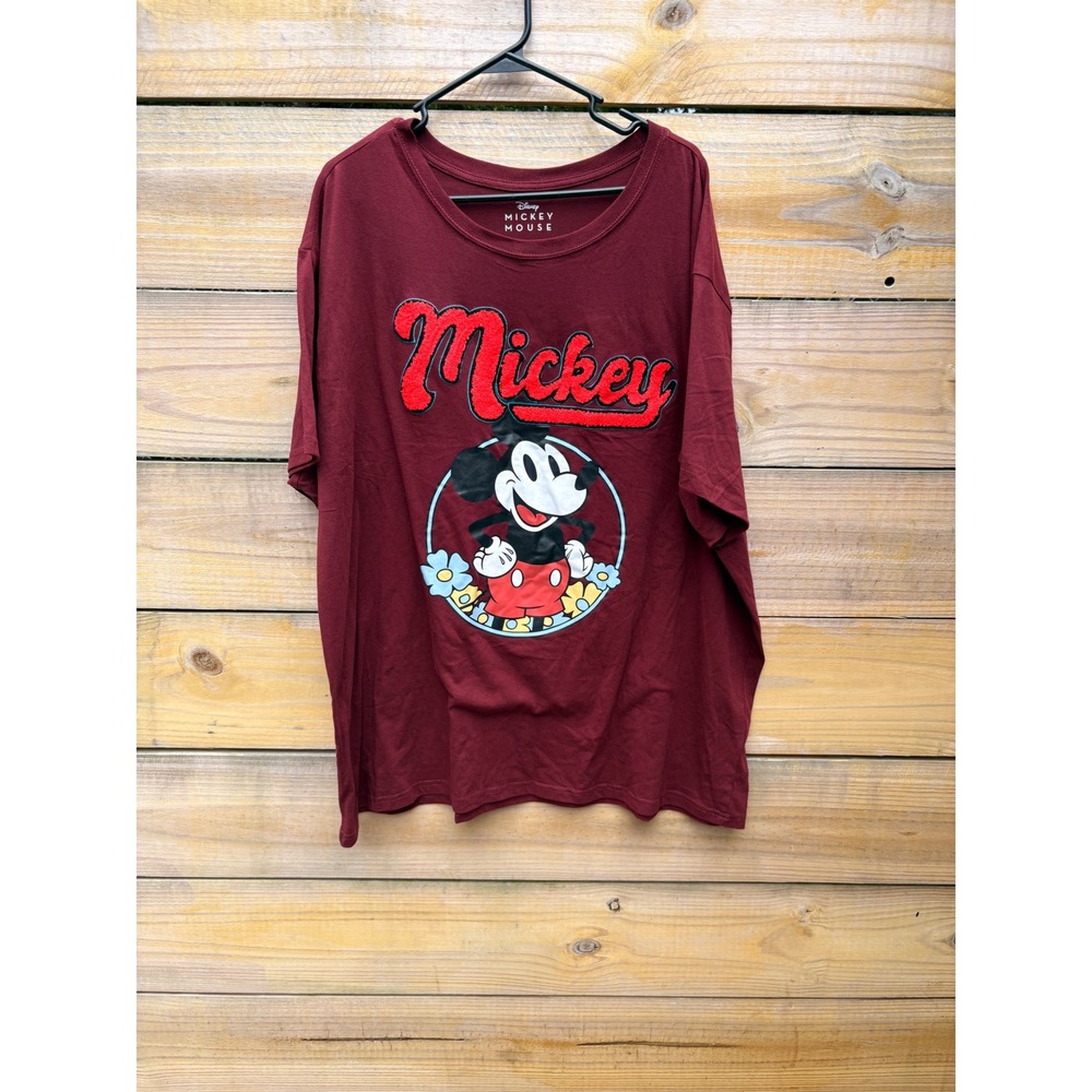 Disney Mickey Mouse Graphic T-Shirt Burgundy Maroon Chenille Script 3X Mens